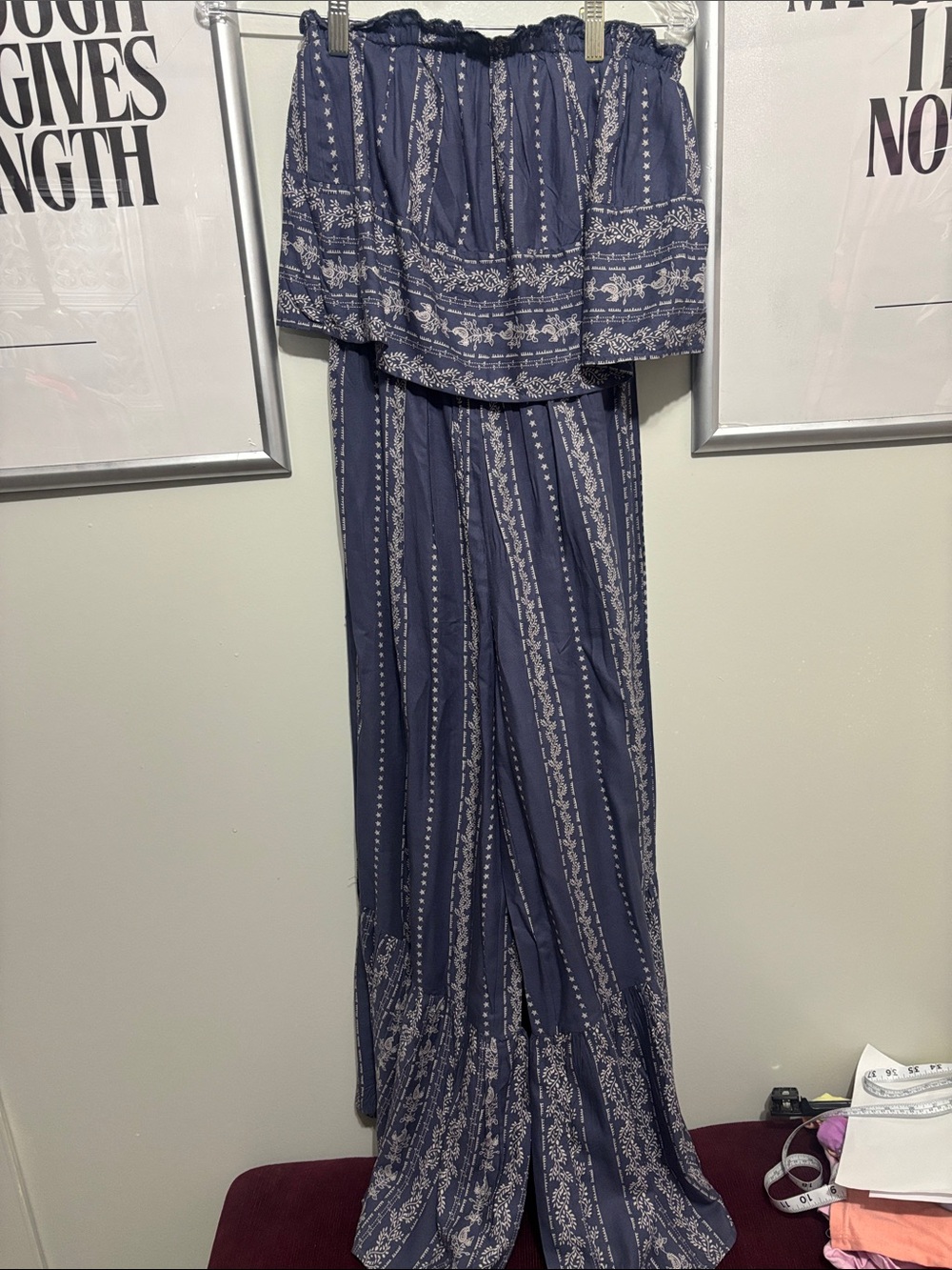 Women’s Navy Off-Shoulder Wide-Leg Jumpsuit with White Print